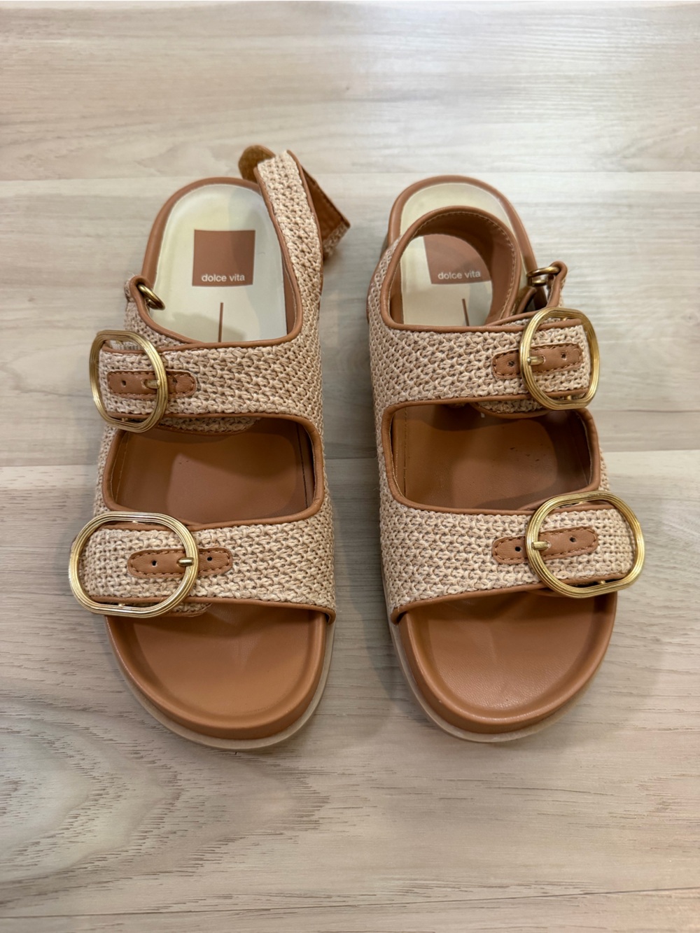 Dolce Vita Beige Woven Double-Buckle Slide Sandals